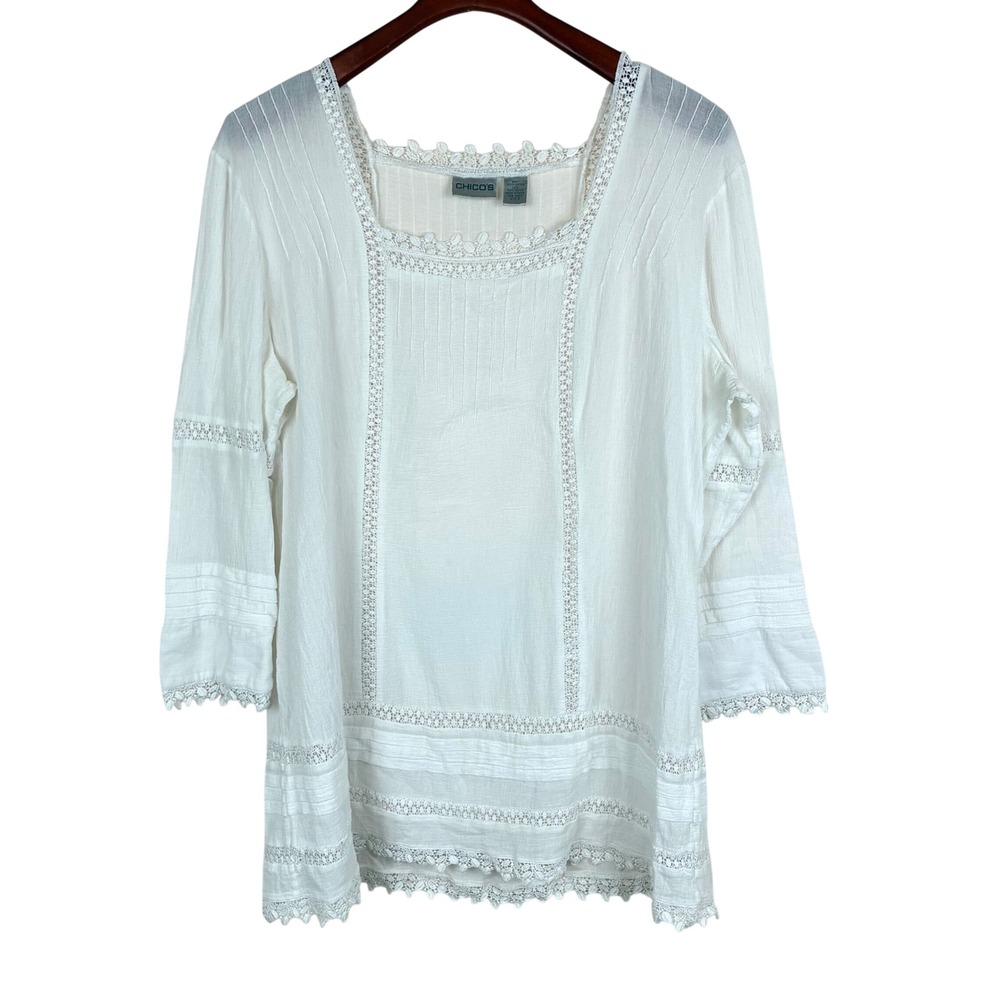 Chicos Tunic Top Sz L %10 Cotton Gauze Lace Cottage Boho Shabby Coastal Feminine
